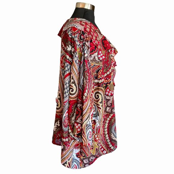 Dressbarn Burgundy Gold Paisley Print Ruffled Collar Chiffon Blouse Size 2X Fall - Picture 4 of 10